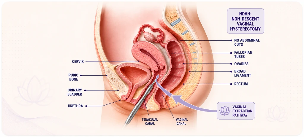 Non-Descent Vaginal Hysterectomy (NDVH) Scarless Uterus Removal Pelvic Anatomy Diagram